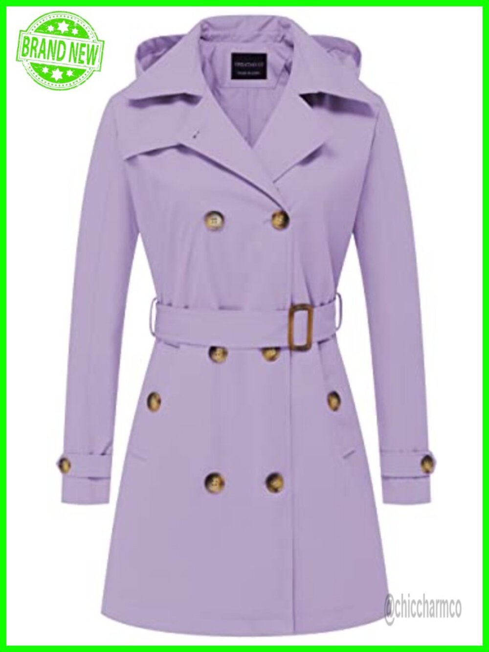 Women's Trench Coat Double-Breasted Belted Slim Overcoat Detachable Hood
